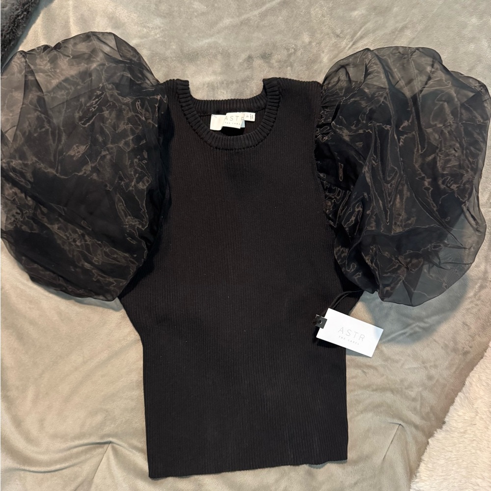 Astr Black Sheer Puff Sleeve Blouse